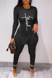 Coffee Casual Print Patchwork Slit O Neck Long Sleeve Two Pieces