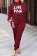 Burgundy Casual Print Letter Hooded Collar Long Sleeve Two Pieces
