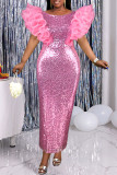 Pink Celebrities Elegant Solid Sequins Patchwork Flounce O Neck One Step Skirt Dresses