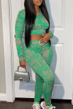Red Sexy Print Patchwork O Neck Long Sleeve Two Pieces