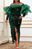Ink Green Elegant Solid Sequins Patchwork Slit Off the Shoulder Evening Dress Dresses
