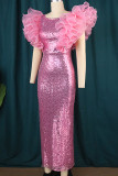 Pink Celebrities Elegant Solid Sequins Patchwork Flounce O Neck One Step Skirt Dresses