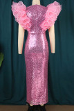 Pink Celebrities Elegant Solid Sequins Patchwork Flounce O Neck One Step Skirt Dresses