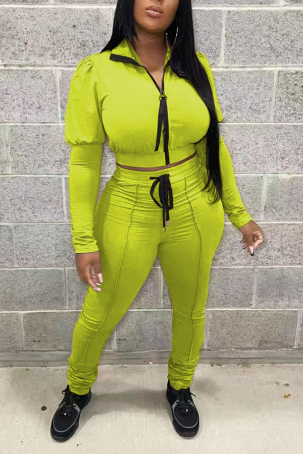 Yellow Casual Solid Patchwork Zipper Turndown Collar Long Sleeve Two Pieces