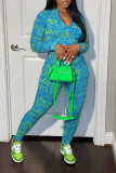 Red Sexy Print Patchwork O Neck Long Sleeve Two Pieces