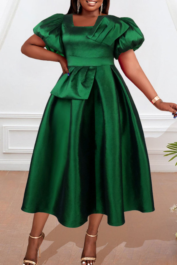 Green Elegant Solid Patchwork With Bow Square Collar A Line Dresses