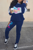 Blue Street Print Patchwork Hooded Collar Long Sleeve Two Pieces