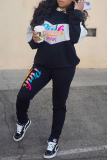 Blue Street Print Patchwork Hooded Collar Long Sleeve Two Pieces