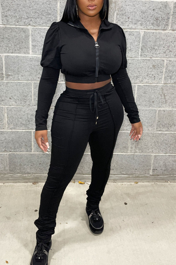 Black Casual Solid Patchwork Zipper Turndown Collar Long Sleeve Two Pieces