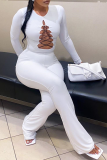 White Sexy Solid Hollowed Out O Neck Skinny Jumpsuits