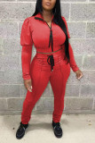 Red Casual Solid Patchwork Zipper Turndown Collar Long Sleeve Two Pieces