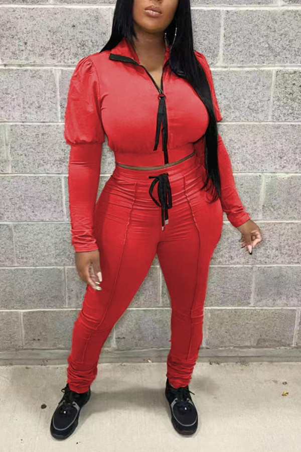 Red Casual Solid Patchwork Zipper Turndown Collar Long Sleeve Two Pieces