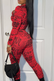 Red Sexy Print Patchwork O Neck Long Sleeve Two Pieces