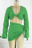 Coffee Sexy Solid Bandage Patchwork V Neck Long Sleeve Two Pieces