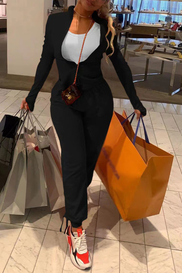 Black Casual Solid Patchwork Zipper Long Sleeve Two Pieces