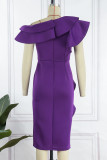 Purple Elegant Solid Patchwork Flounce Oblique Collar Evening Dress Dresses