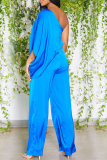 Blue Street Solid Patchwork One Shoulder Straight Jumpsuits