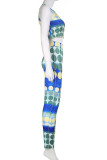 Blue Sexy Print Patchwork O Neck Sleeveless Two Pieces