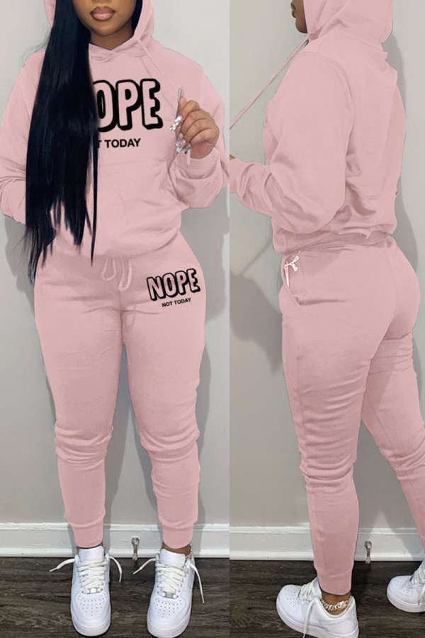 Pink Casual Print Patchwork Hooded Collar Long Sleeve Two Pieces