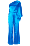 Blue Street Solid Patchwork One Shoulder Straight Jumpsuits