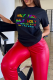 Black Daily Vintage Print Patchwork Letter O Neck T-Shirts