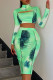 Green Sexy Print Hollowed Out Patchwork Half A Turtleneck Long Sleeve Two Pieces
