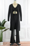 Purple Casual Solid Patchwork Draw String V Neck Long Sleeve Three Pieces