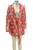 Red Casual Street Print Patchwork Buttons Turn-back Collar Long Sleeve Two Pieces