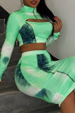 Green Sexy Print Hollowed Out Patchwork Half A Turtleneck Long Sleeve Two Pieces