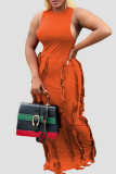 Tangerine Red Sexy Solid Tassel Patchwork O Neck Straight Dresses