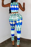 Blue Sexy Print Patchwork O Neck Sleeveless Two Pieces