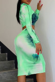 Green Sexy Print Hollowed Out Patchwork Half A Turtleneck Long Sleeve Two Pieces