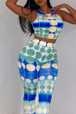 Blue Sexy Print Patchwork O Neck Sleeveless Two Pieces