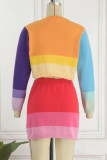 Blue Purple Casual Patchwork Buckle Cardigan Collar Long Sleeve Two Pieces