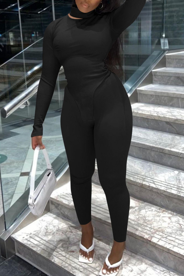 Black Street Solid Patchwork Asymmetrical Turtleneck Long Sleeve Two Pieces