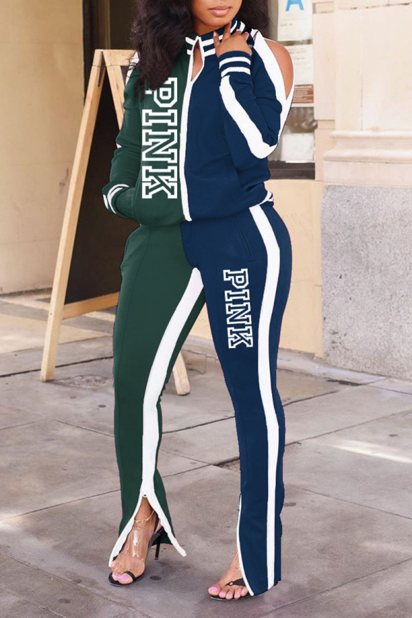 Ink Green Casual Print Patchwork Zipper Zipper Collar Long Sleeve Two Pieces
