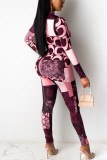 Pink Fashion Casual Print Basic Half A Turtleneck Long Sleeve Two Pieces