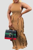 Khaki Sexy Solid Tassel Patchwork O Neck Straight Dresses