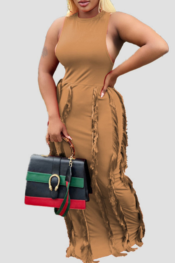 Khaki Sexy Solid Tassel Patchwork O Neck Straight Dresses