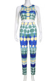 Blue Sexy Print Patchwork O Neck Sleeveless Two Pieces