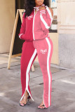 Pink Casual Print Hollowed Out Patchwork Slit Zipper Zipper Collar Long Sleeve Two Pieces