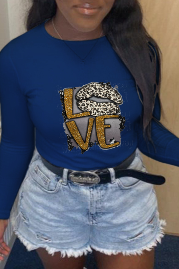 Navy Blue Street Vintage Lips Printed Patchwork Letter O Neck Tops