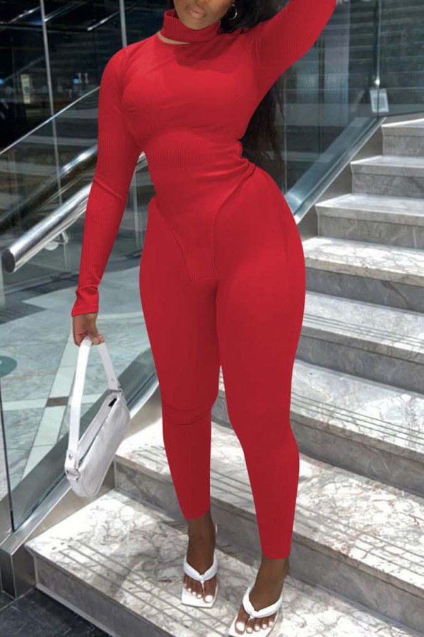 Red Street Solid Patchwork Asymmetrical Turtleneck Long Sleeve Two Pieces