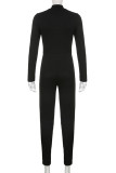 Black Casual Solid Hollowed Out Patchwork Zipper Collar Skinny Jumpsuits