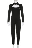 Black Casual Solid Hollowed Out Patchwork Zipper Collar Skinny Jumpsuits