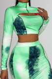 Green Sexy Print Hollowed Out Patchwork Half A Turtleneck Long Sleeve Two Pieces