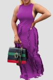 Purple Sexy Solid Tassel Patchwork O Neck Straight Dresses