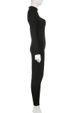Black Casual Solid Hollowed Out Patchwork Zipper Collar Skinny Jumpsuits