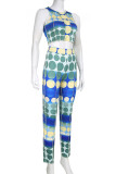 Blue Sexy Print Patchwork O Neck Sleeveless Two Pieces