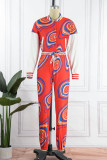 Red Casual Print Patchwork Buckle Cardigan Collar Long Sleeve Two Pieces